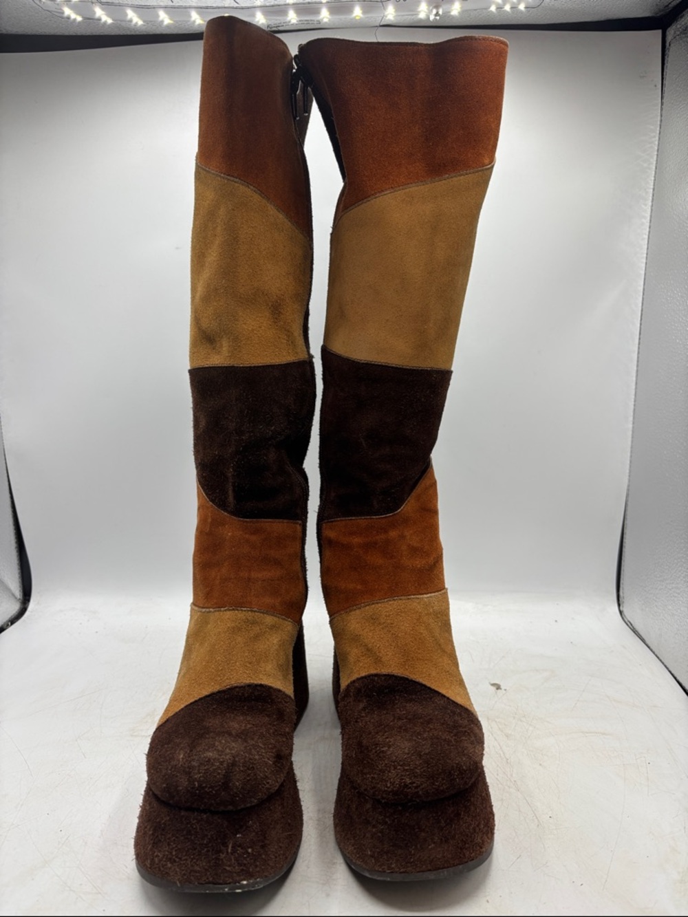 Vintage Brown Patchwork Suede Knee-High Platform Boots 7 37 - Picture 2 of 8
